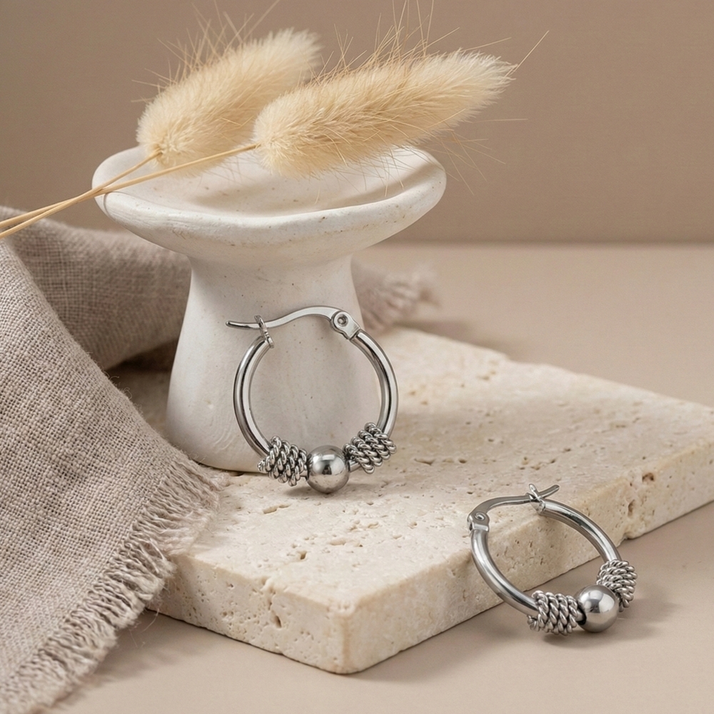 Silver Beaded Hoop Earrings Stainless Steel Textured Boho Minimalist Huggie 0.9" - Picture 13 of 15